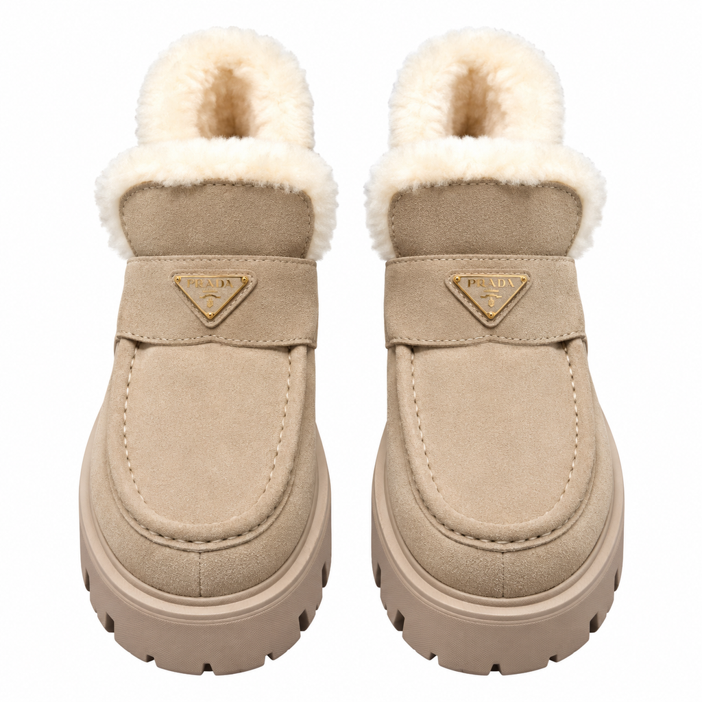 Prada Beige Plush-Trim Lug-Sole Ankle Boots