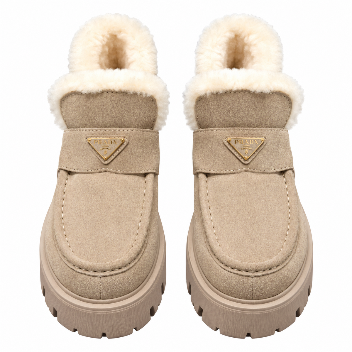 Prada Beige Plush-Trim Lug-Sole Ankle Boots