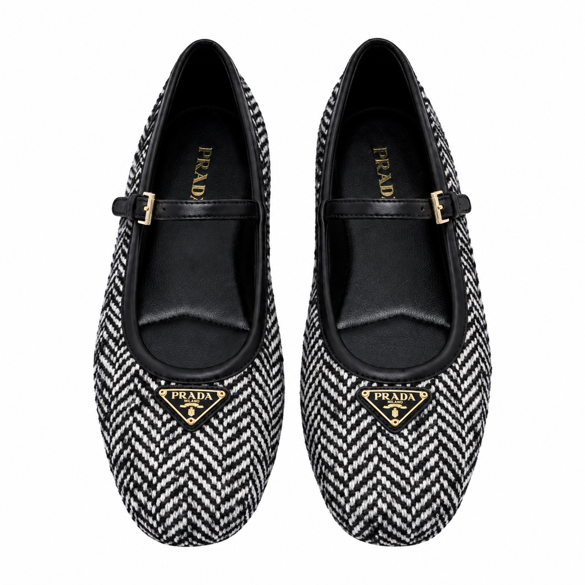Prada Black Herringbone Mary Jane Ballet Flats