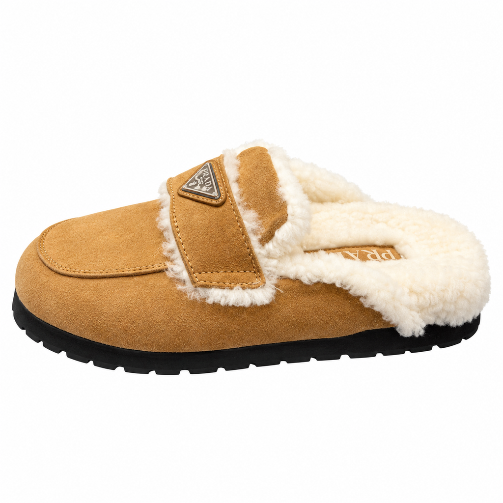 Prada Tan Plush-Trim Black Lug-Sole Mules