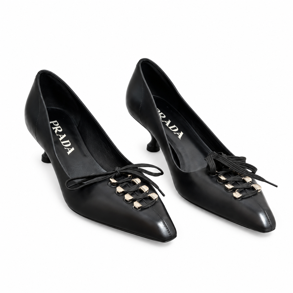 Prada Black Lace-Up Pointed-Toe Kitten Pumps