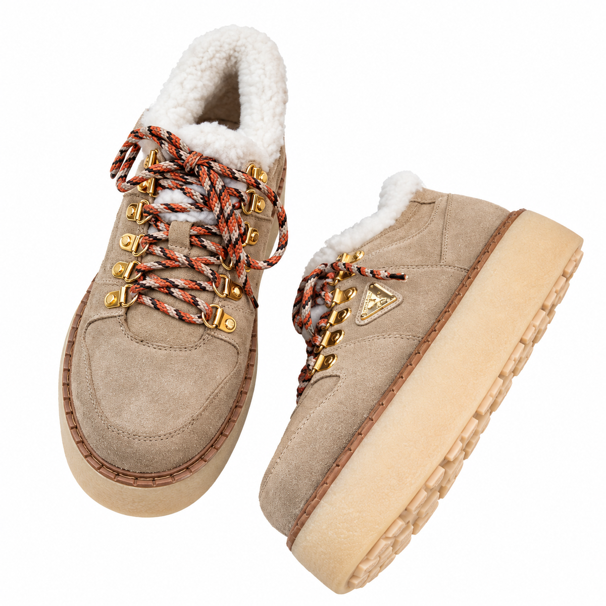 Prada Taupe Plush-Trim Lace-Up Platform Boots