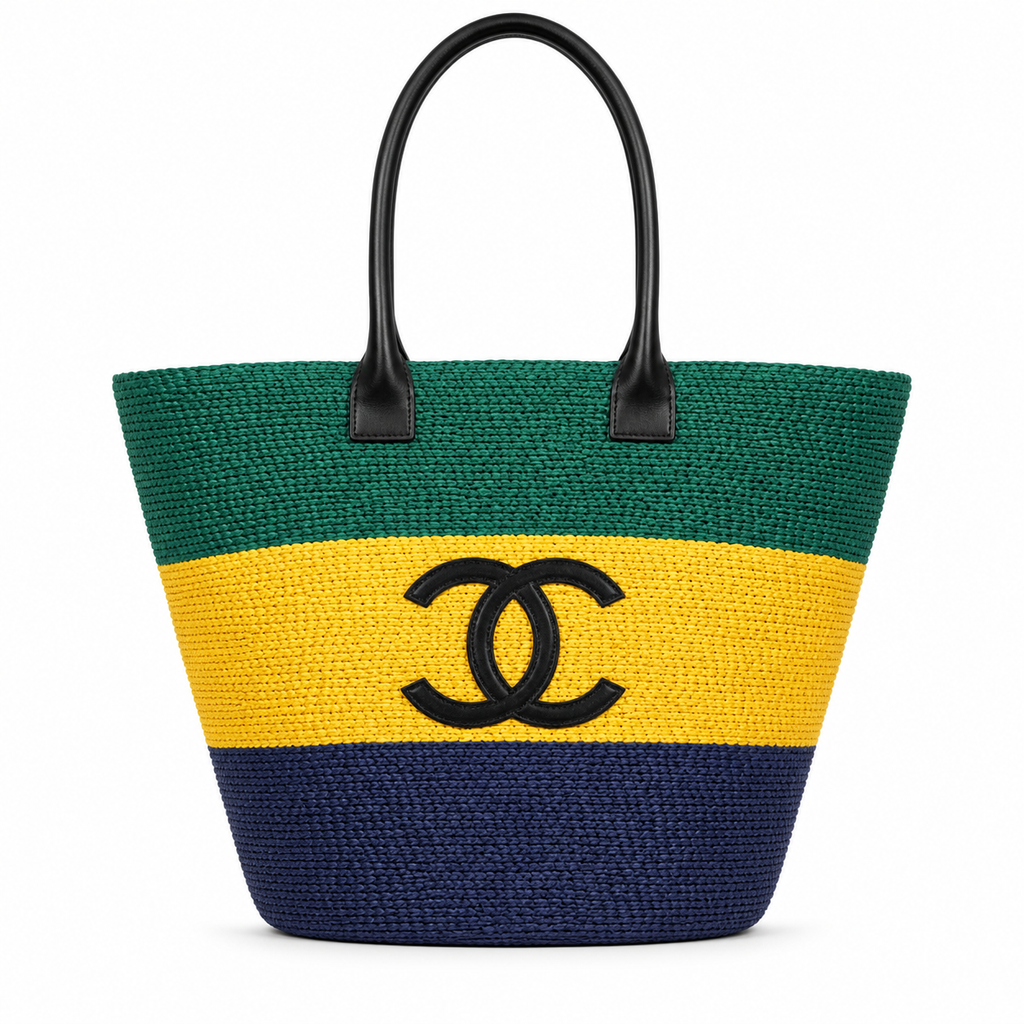 Chanel Striped Raffia Beach Tote Green Yellow Navy CC