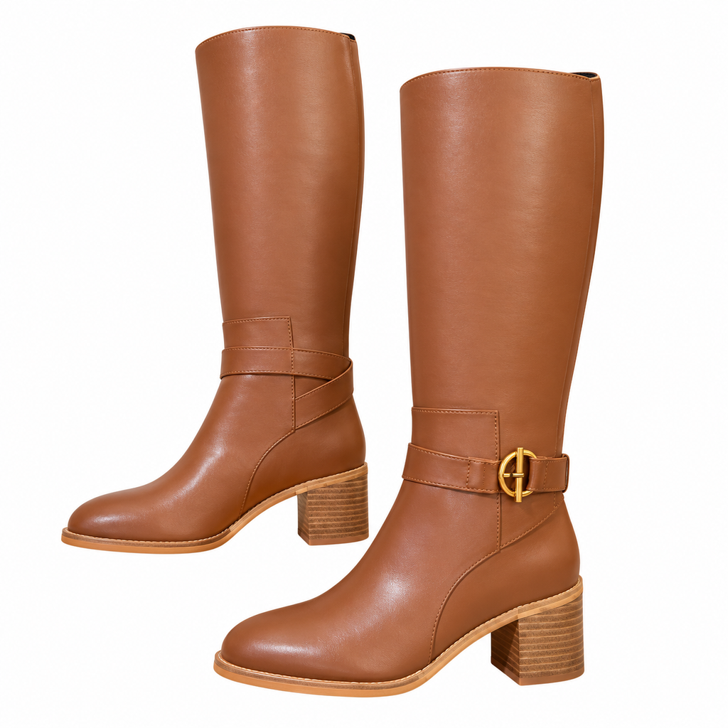 Hermès Tan Leather Buckle Knee-High Boots