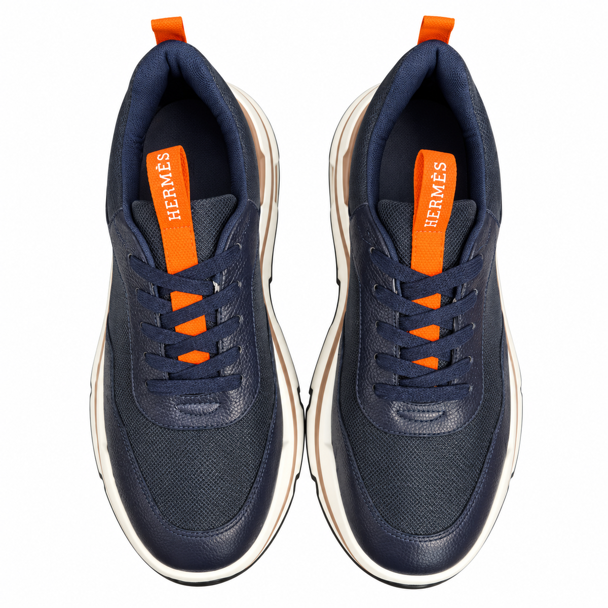 Hermès Navy Mesh Sneakers with Orange Accents