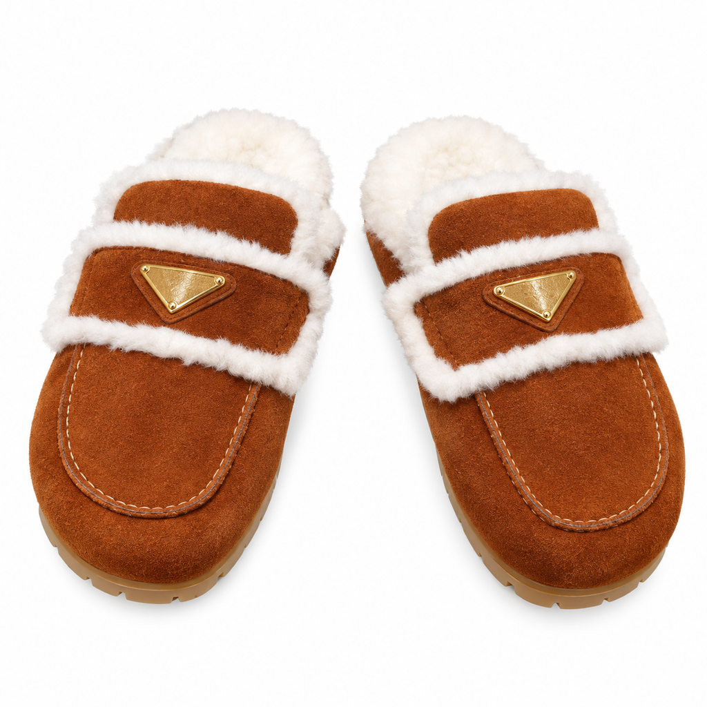 Prada Rust Brown Plush-Trim Loafer Mules