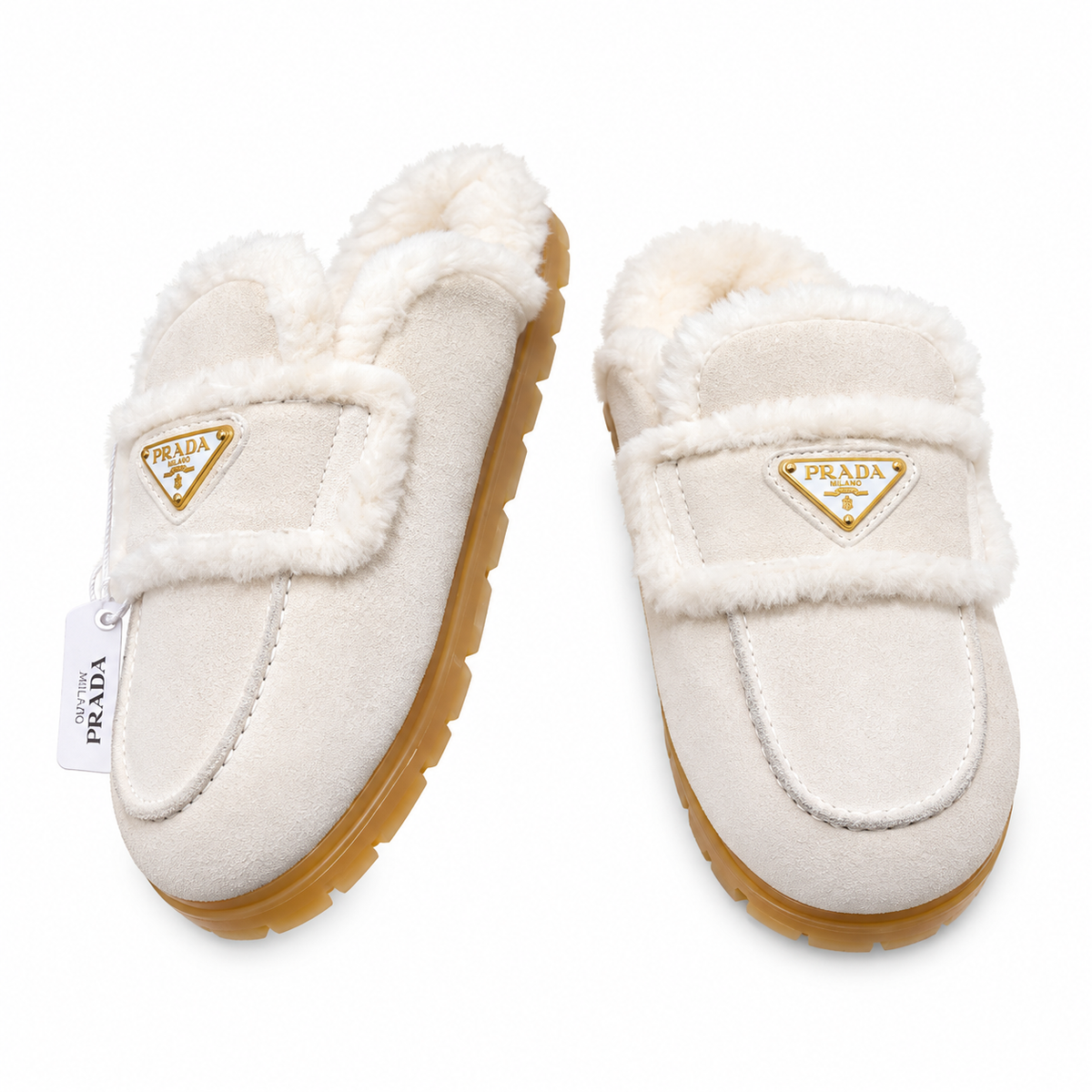Prada Ivory Plush-Trim Moc-Toe Loafer Mules