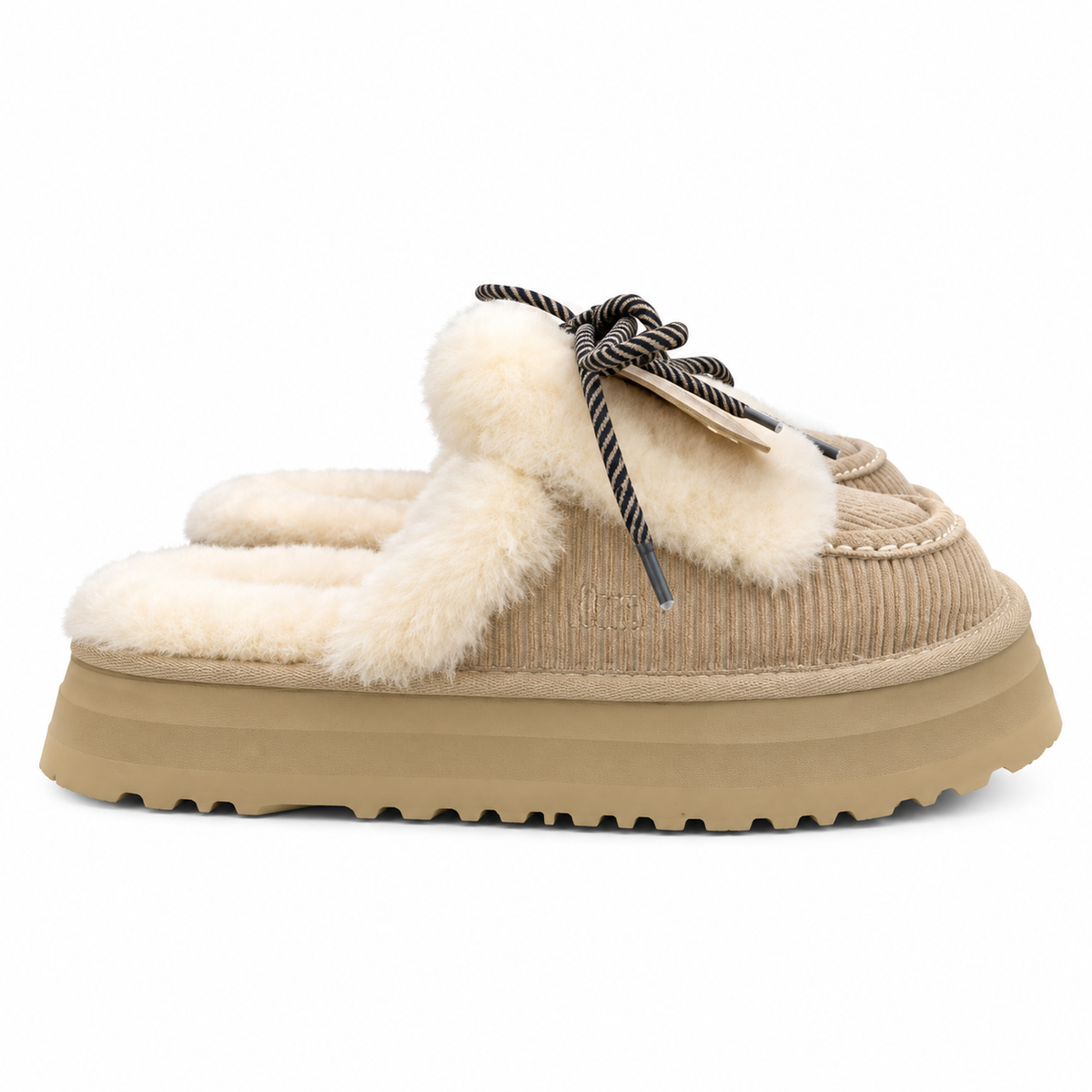 UGG Sand Beige Ribbed Bow Platform Slippers