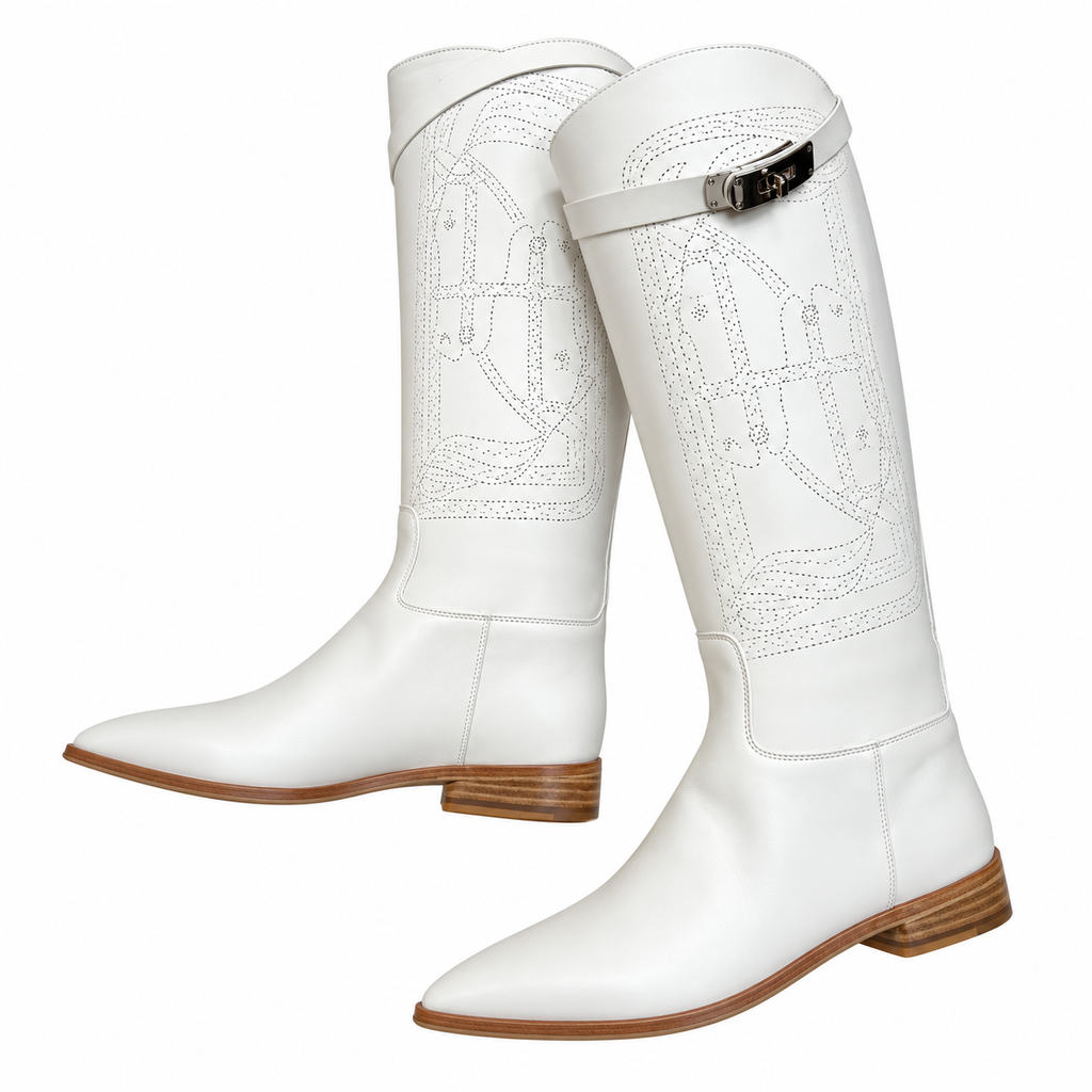 Hermès Ivory Tall Boots with Perforated Detailing