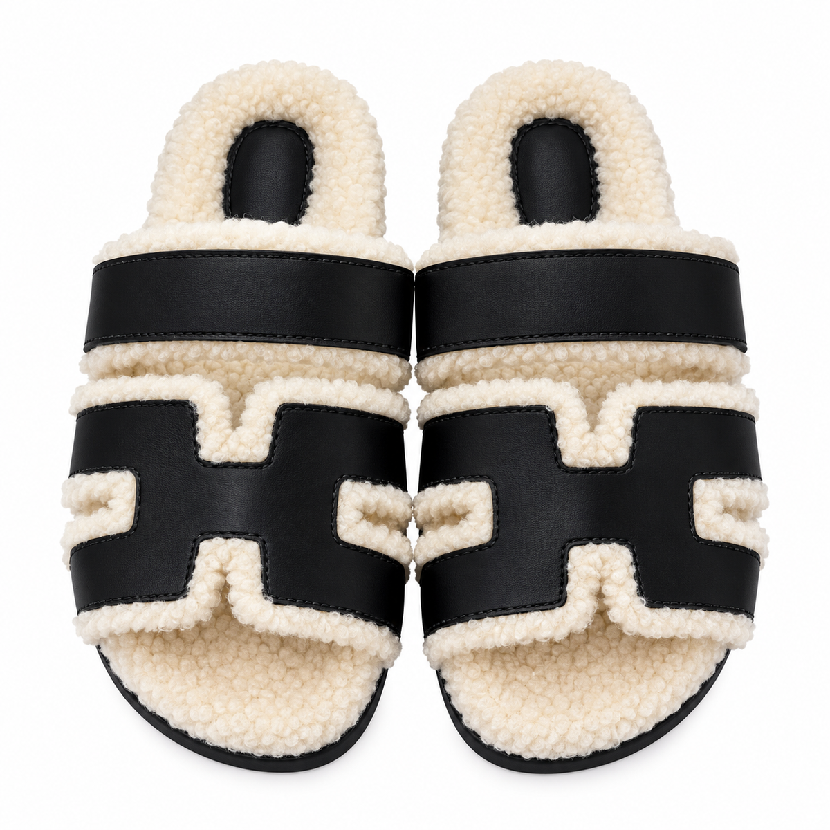 Hermès Black H-Strap Slides with Cream Trim