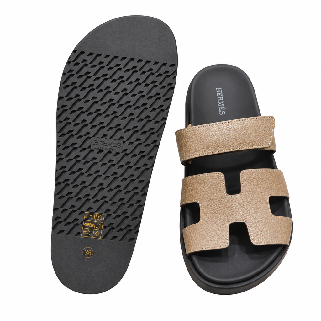 Hermès Sand Beige Grained Leather Slides