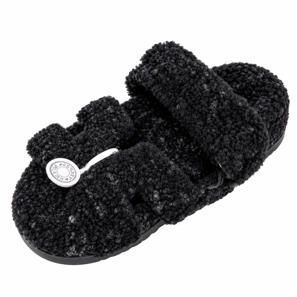 Hermès Black Textured H-Strap Slides