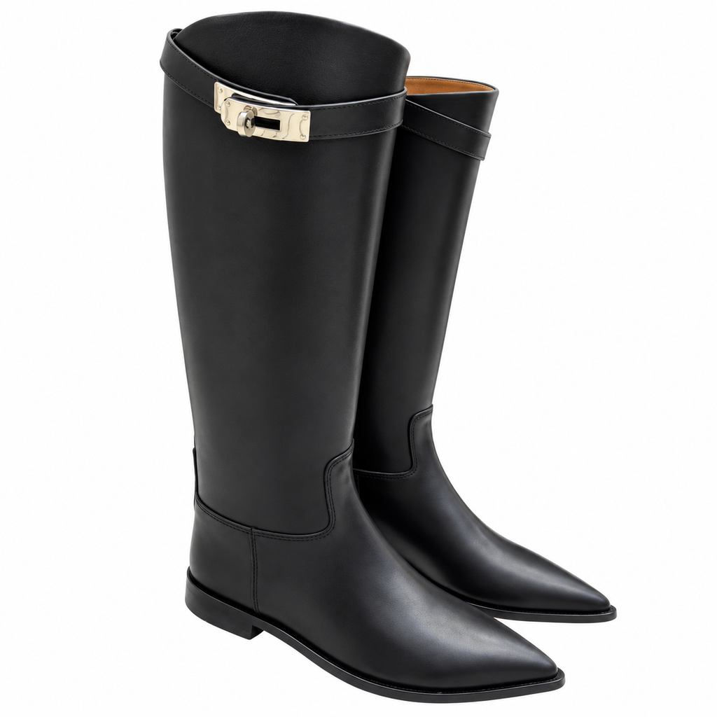 Hermès Black Pointed-Toe Tall Boots with Metal Clasp