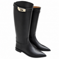 Hermès Black Pointed-Toe Tall Boots with Metal Clasp