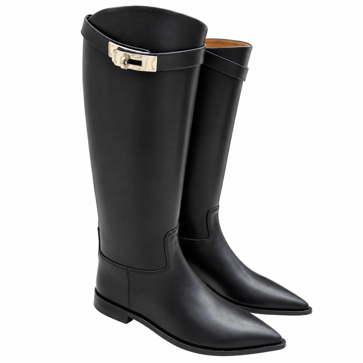 Hermès Black Pointed-Toe Tall Boots with Metal Clasp