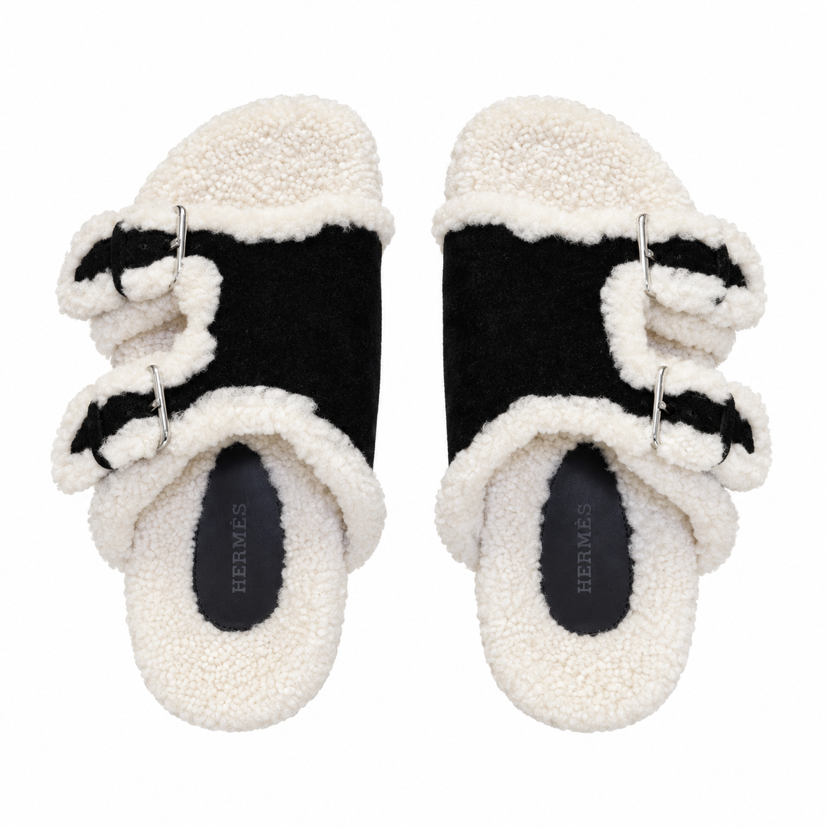 Hermès Black Double-Buckle Slides with Cream Trim