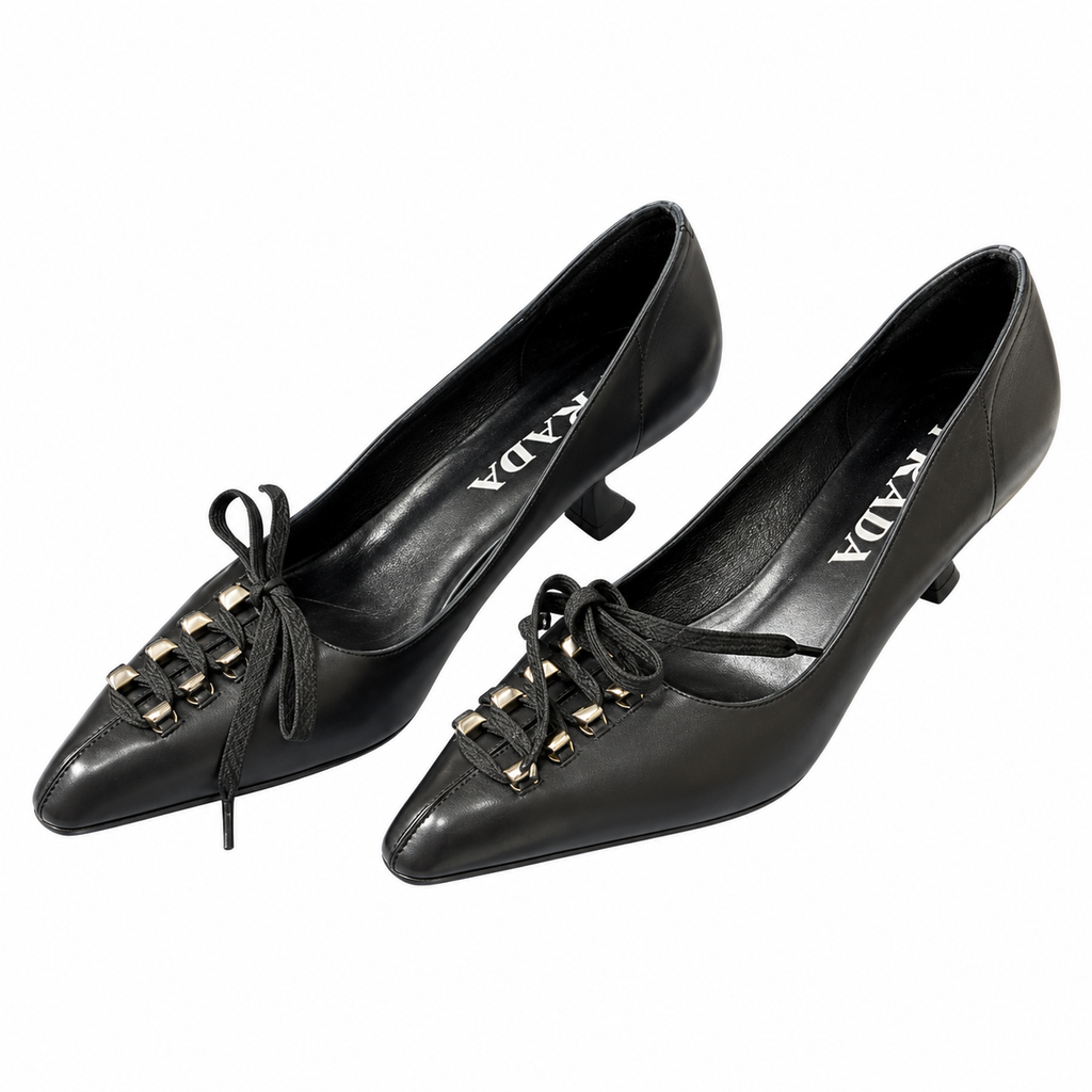 Prada Black Lace-Up Pointed-Toe Kitten Pumps