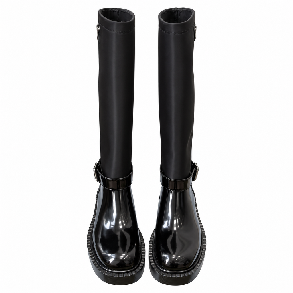 Prada Black Glossy-Panel Buckled Tall Boots