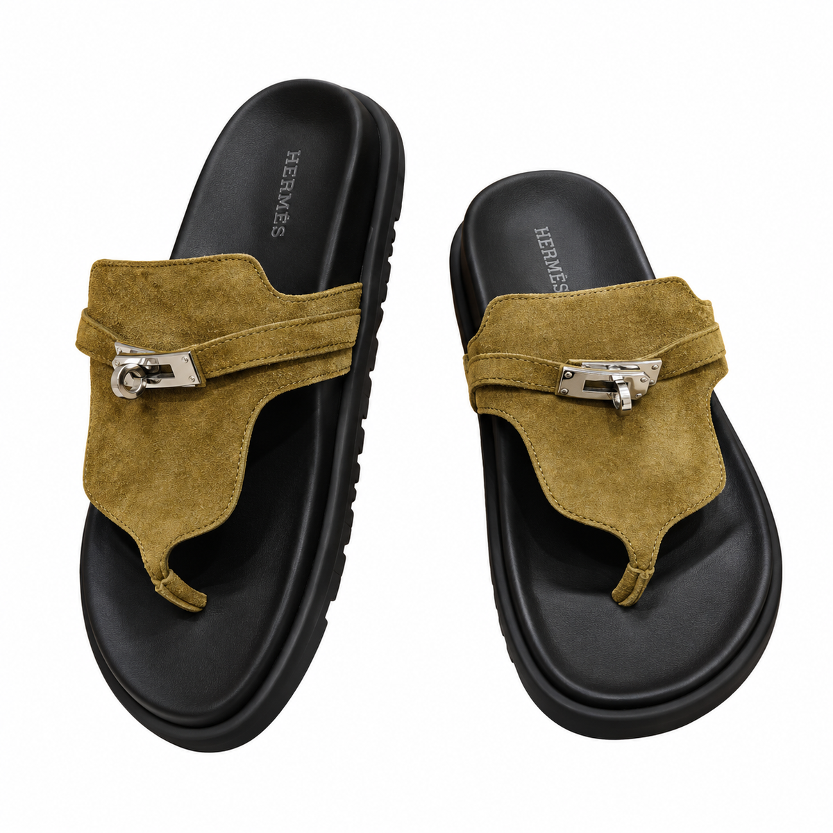 Hermès Olive Thong Sandals with Silver Buckle