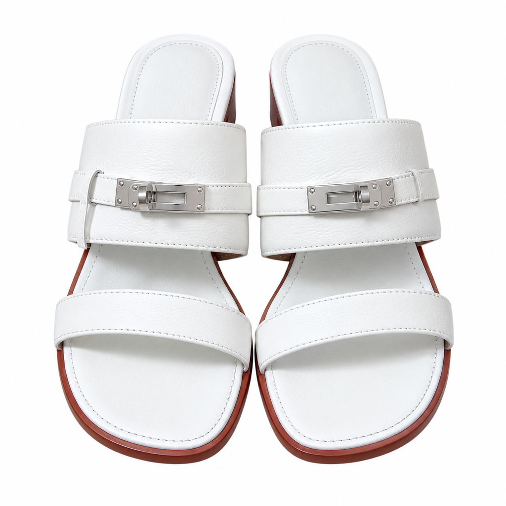 Hermès White Block-Heel Sandals | Silver Lock