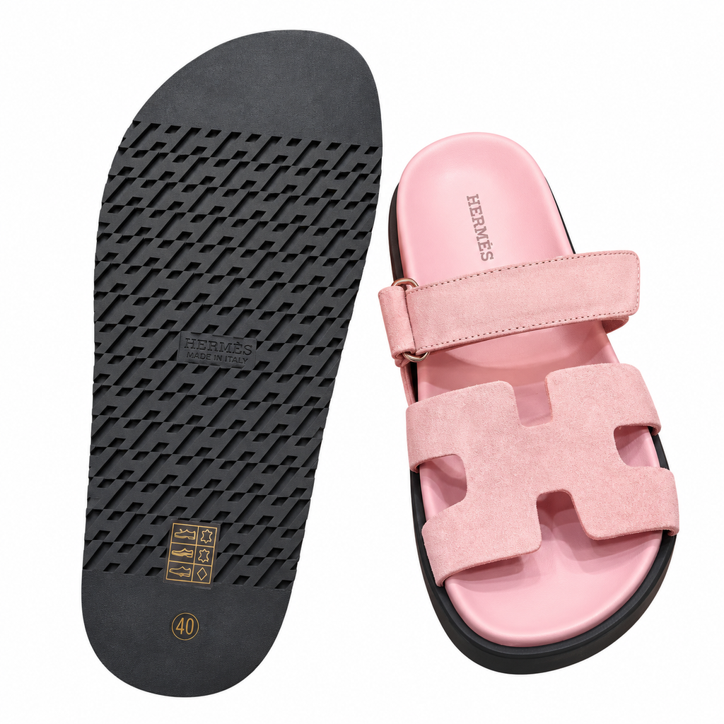 Hermès Pink Textured Leather H-Cutout Slides