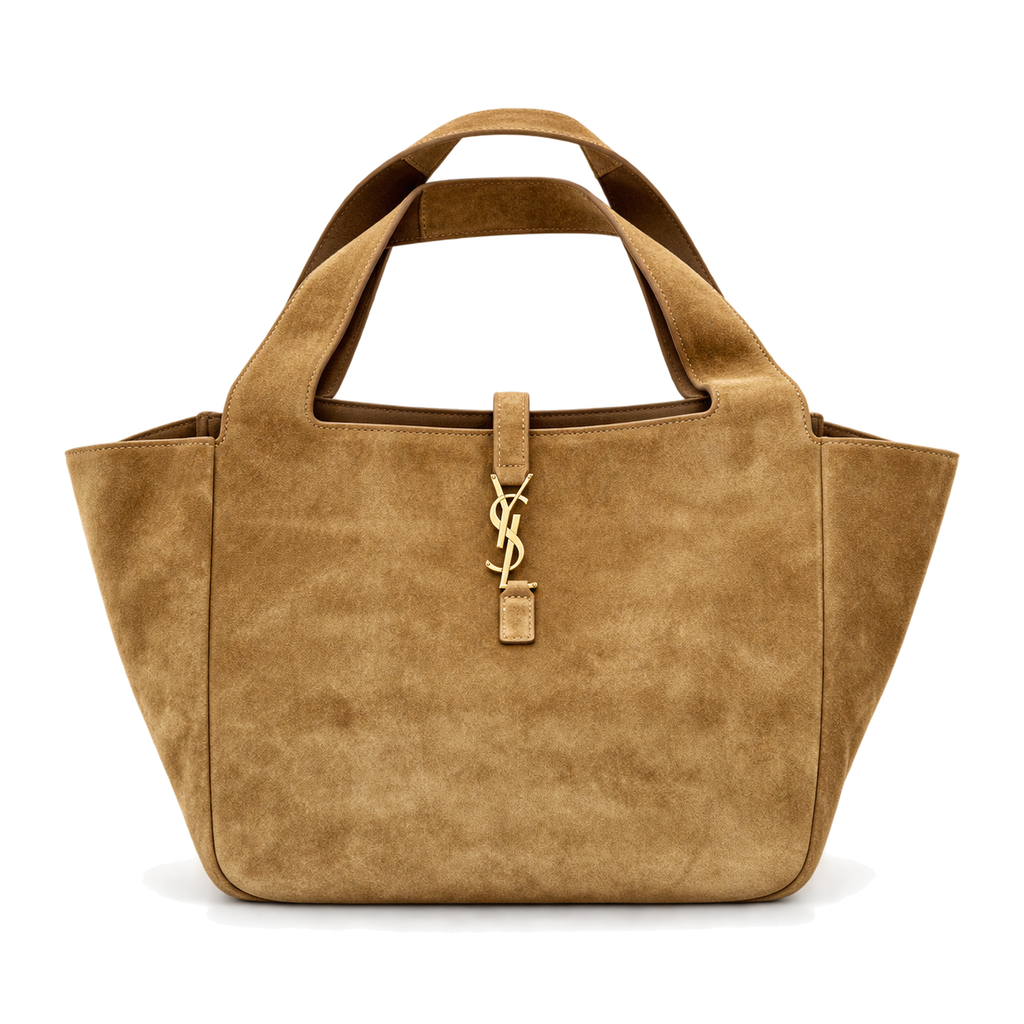 Saint Laurent YSL Bea large tote bag in sand beige suede leather with gold YSL monogram charm pendant and double top handles