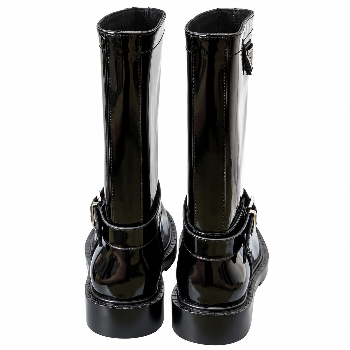 Prada Glossy Black Buckle-Strap Mid-Calf Boots