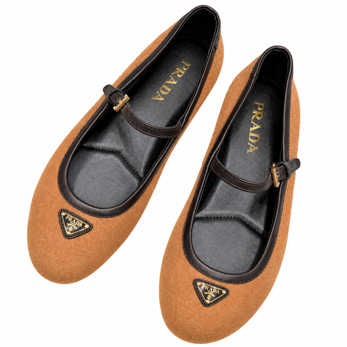 Prada Camel Textured Mary Jane Ballet Flats