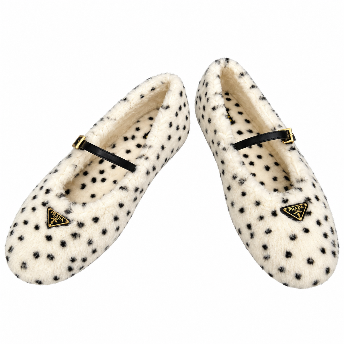 Prada Ivory Spotted Plush Mary Jane Flats
