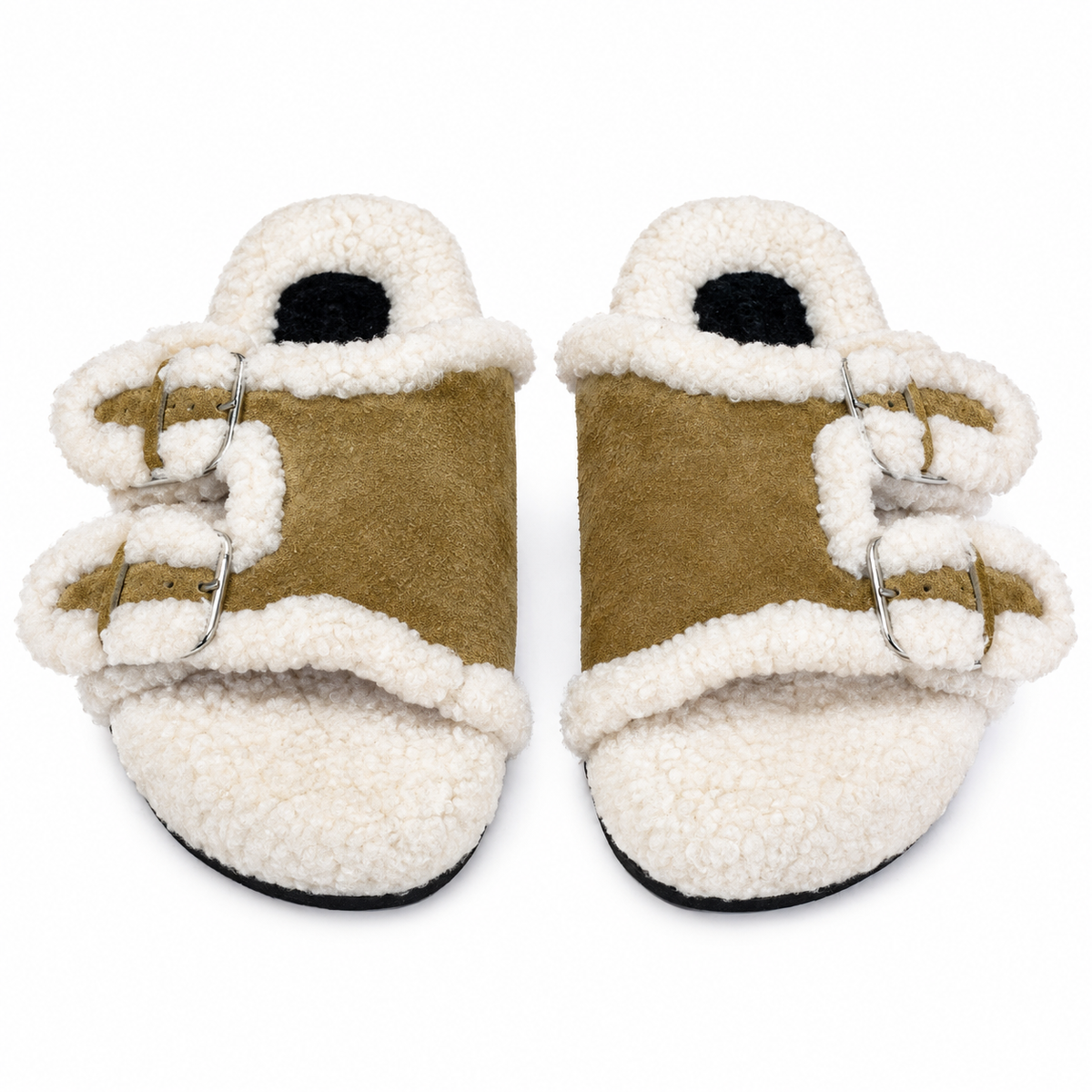 Hermès Khaki Double-Buckle Slides with Cream Trim
