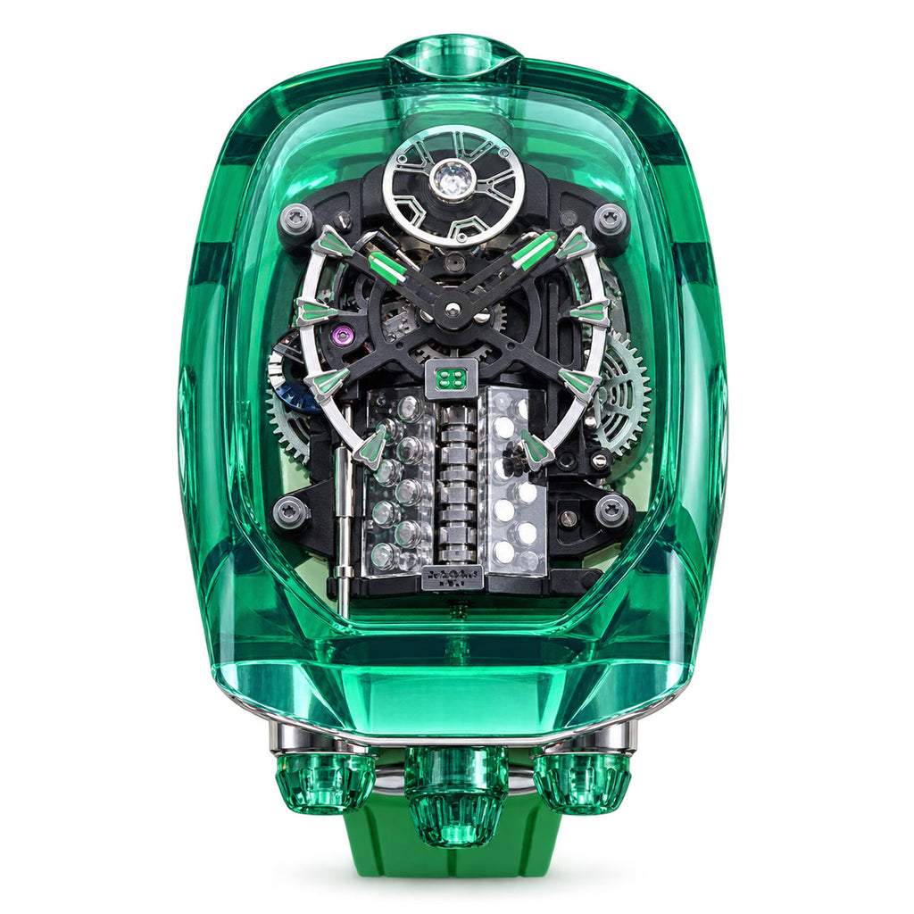 Jacob & Co. x Bugatti Twin Turbo Furious Full Green Sapphire Crystal 16-Cylinder Engine Tourbillon Green Rubber Sport Strap Wristwatch