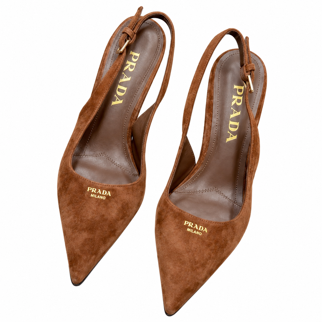 Prada Tan Suede-Look Pointed Slingback Pumps