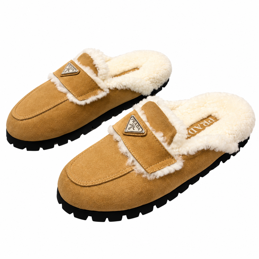 Prada Tan Plush-Trim Black Lug-Sole Mules