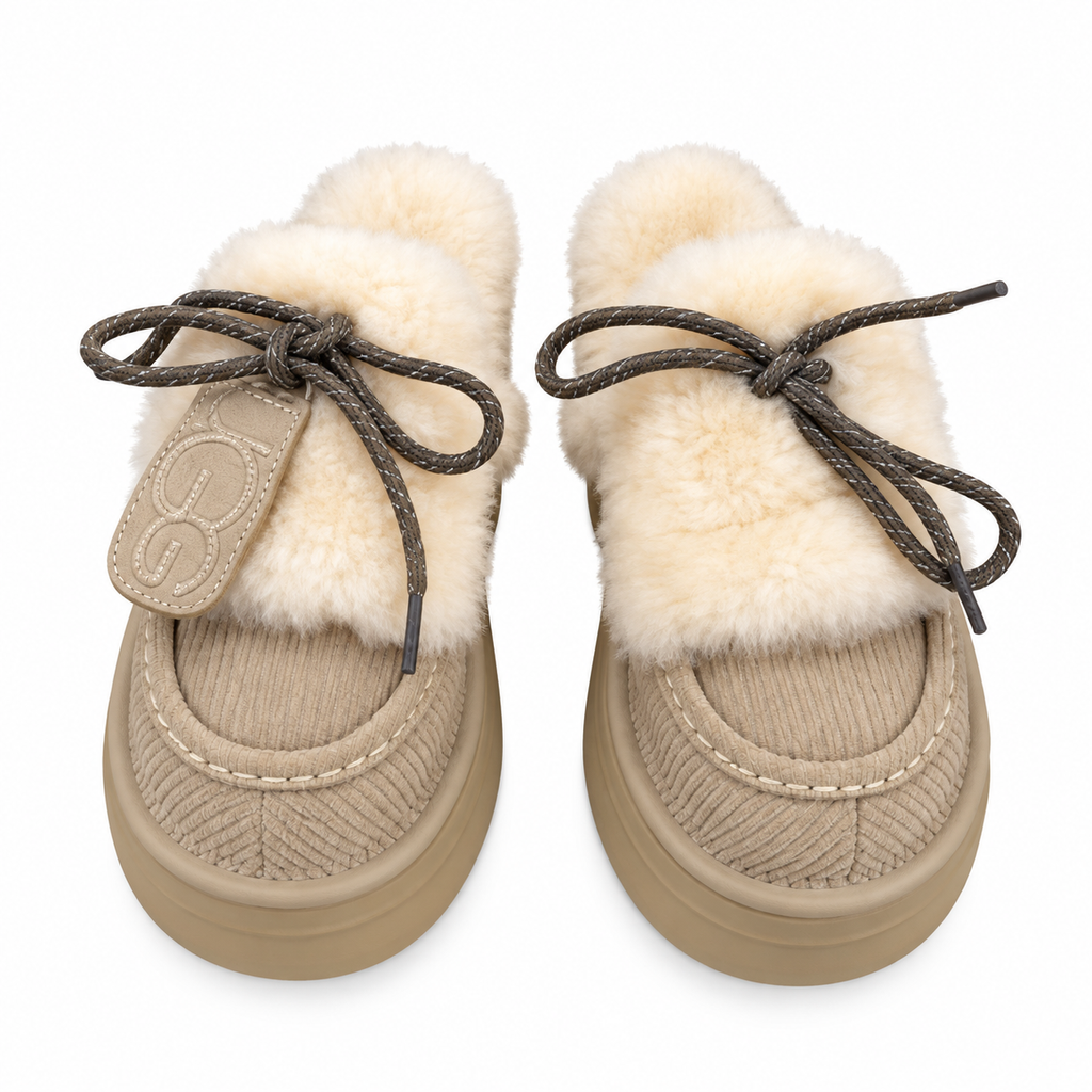 UGG Sand Beige Ribbed Bow Platform Slippers