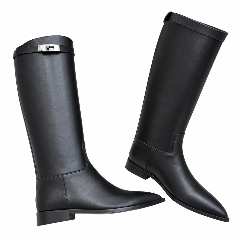 Hermès Black Pointed-Toe Tall Boots with Metal Clasp