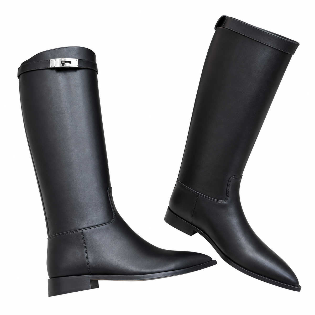 Hermès Black Pointed-Toe Tall Boots with Metal Clasp
