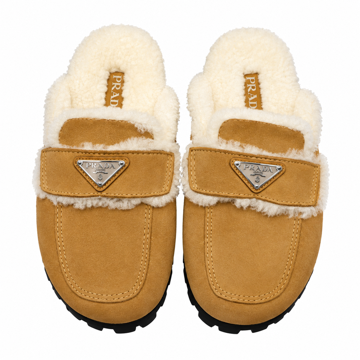 Prada Tan Plush-Trim Black Lug-Sole Mules