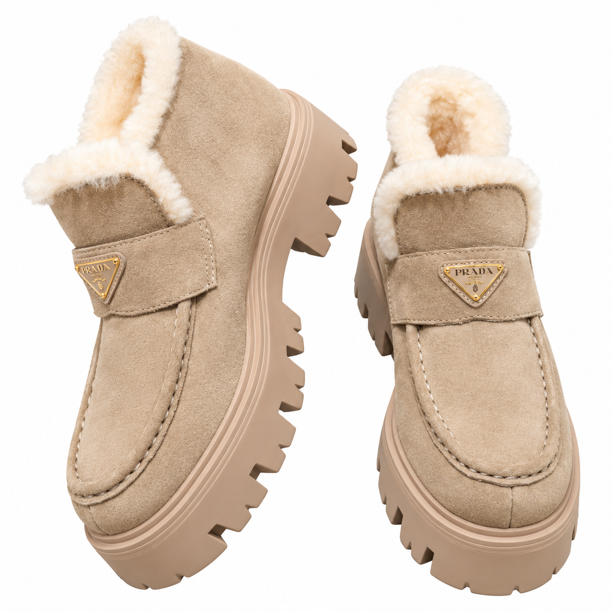 Prada Beige Plush-Trim Lug-Sole Ankle Boots