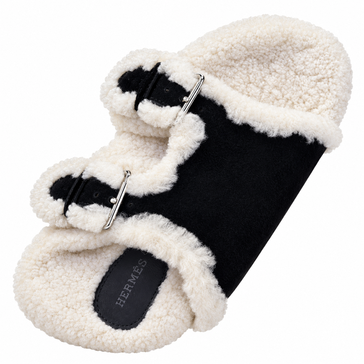Hermès Black Double-Buckle Slides with Cream Trim