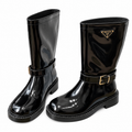 Prada Glossy Black Buckle-Strap Mid-Calf Boots