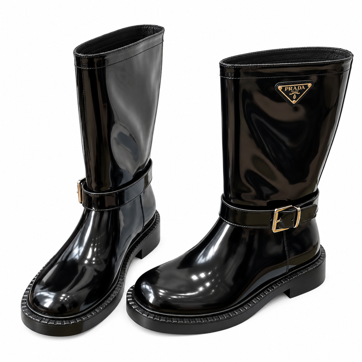 Prada Glossy Black Buckle-Strap Mid-Calf Boots