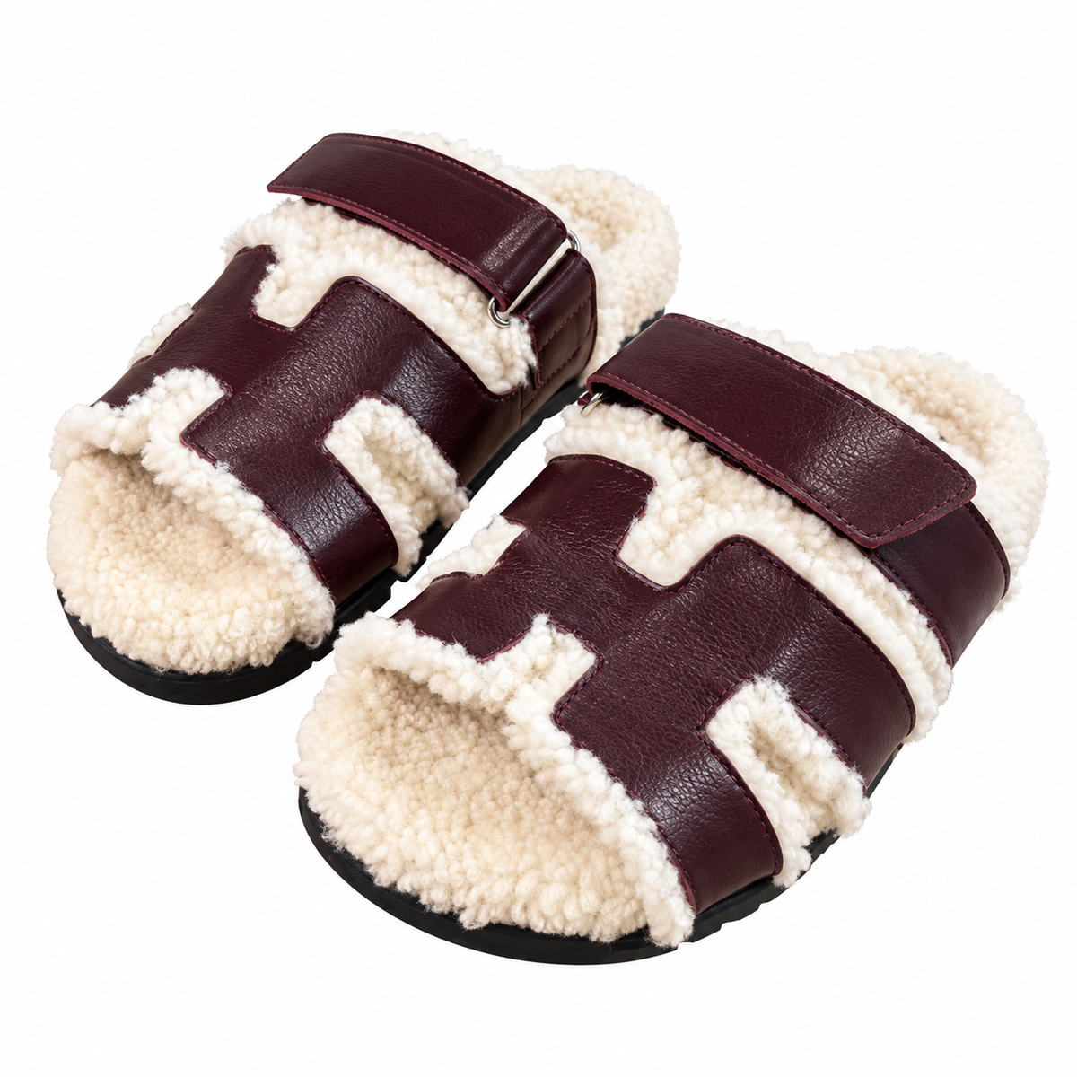 Hermès Burgundy H-Strap Slides with Cream Trim