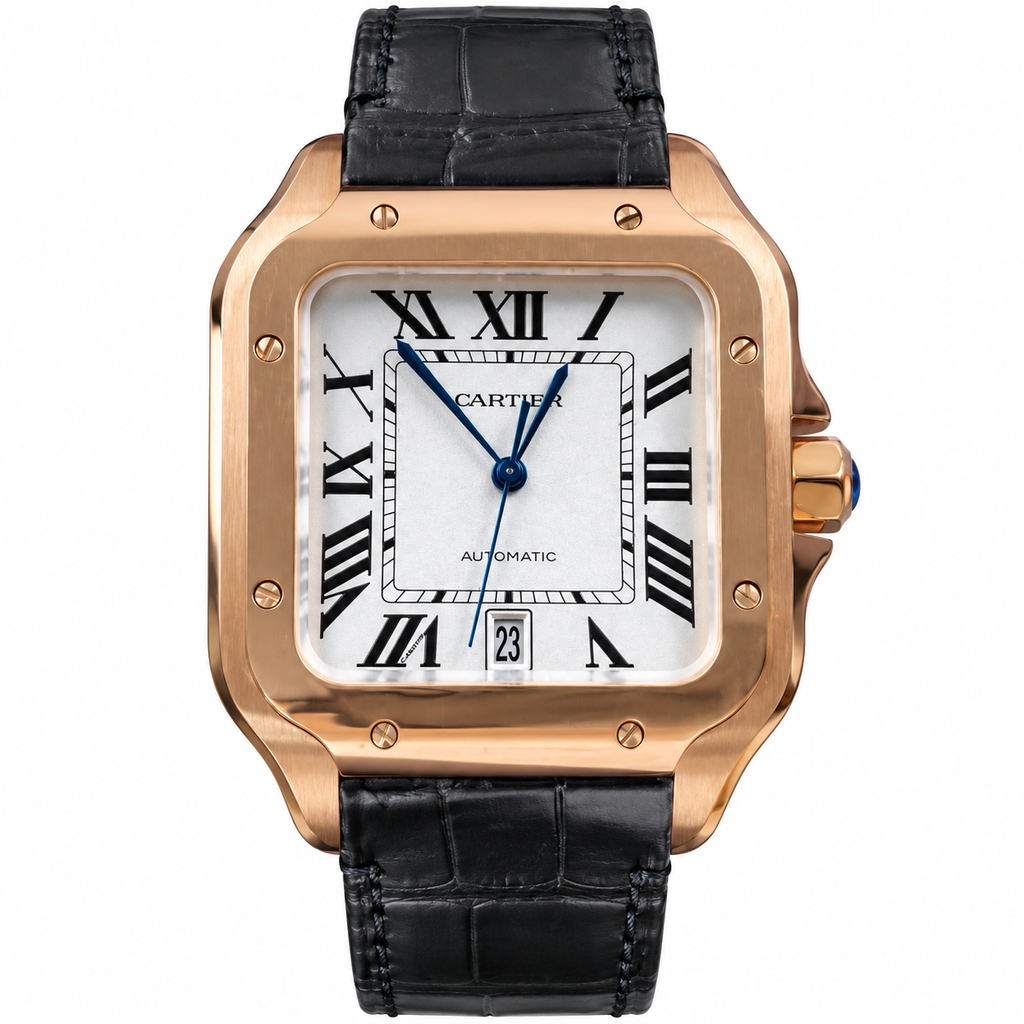 Cartier Santos Large Rose Gold White Dial Blue Hands Date Automatic Black Strap Watch – KDY