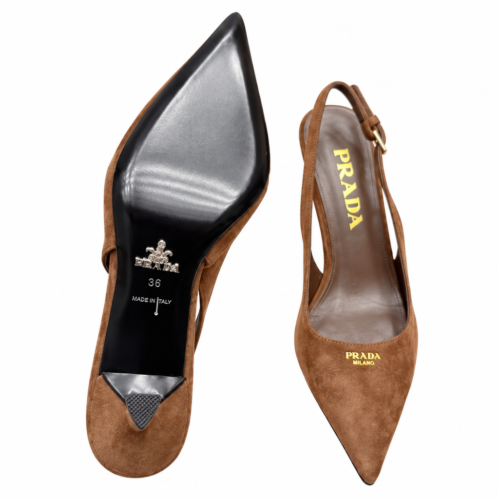 Prada Tan Suede-Look Pointed Slingback Pumps