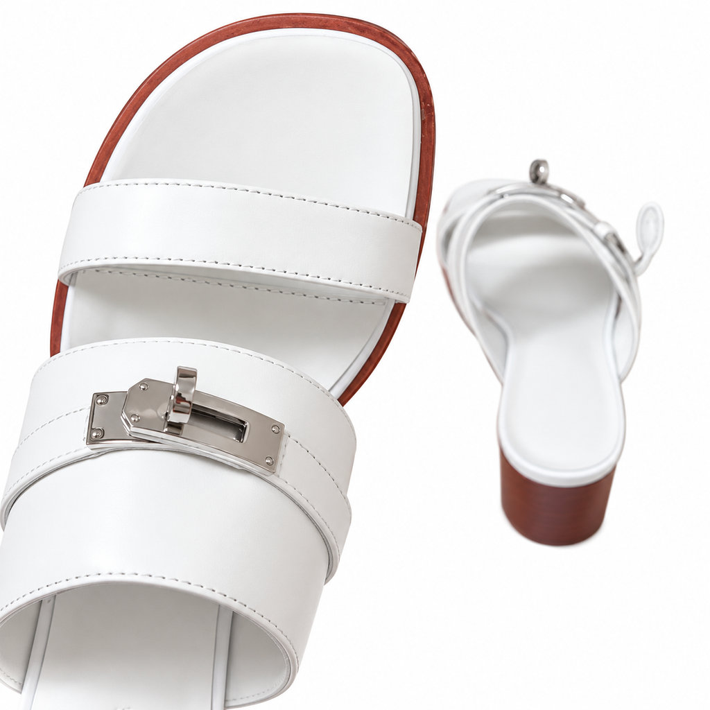 Hermès White Block-Heel Sandals | Silver Lock