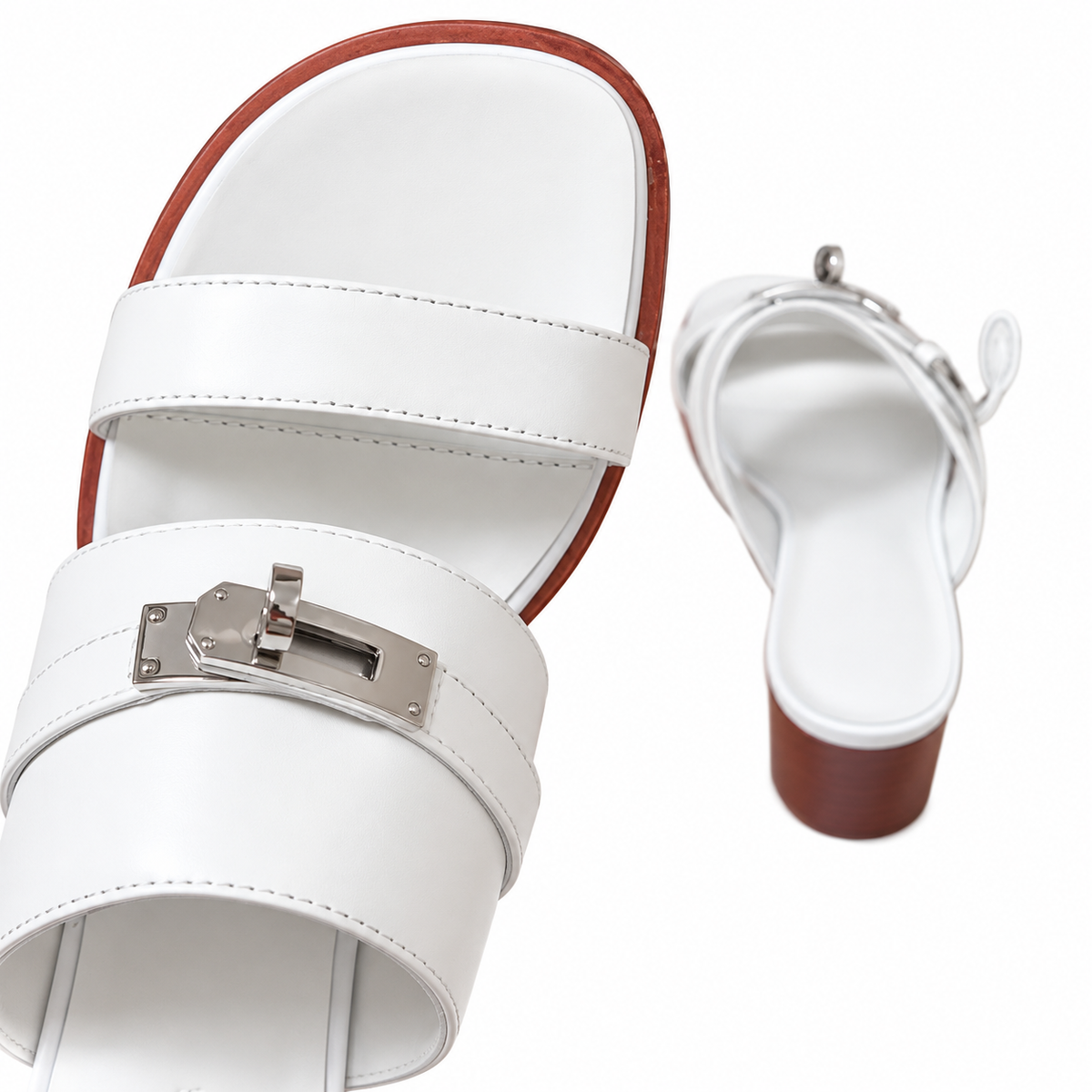 Hermès White Block-Heel Sandals | Silver Lock
