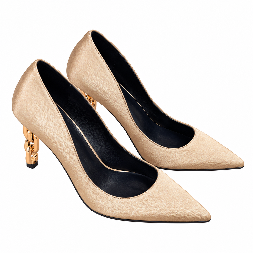 Hermès Champagne Pointed-Toe Pumps with Chain-Link Heel