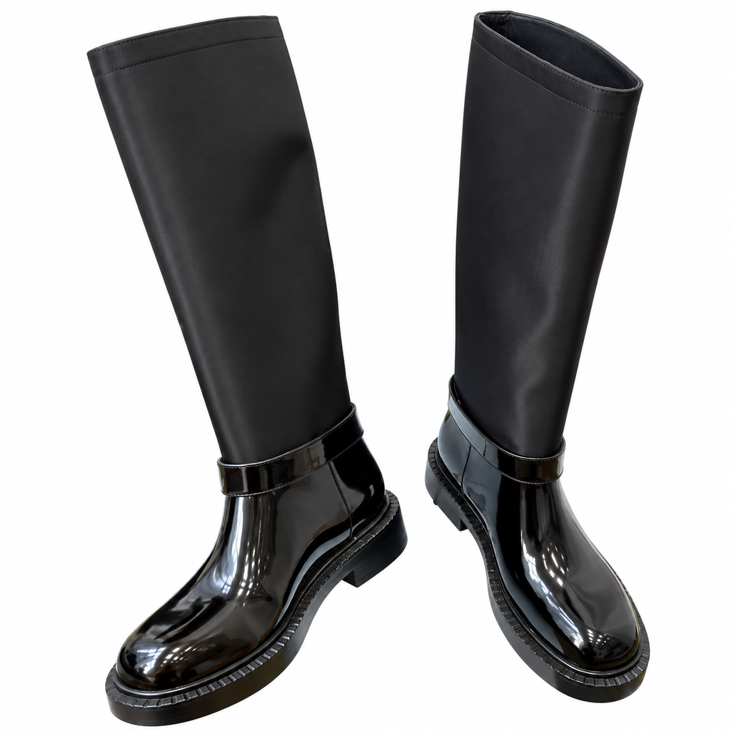 Prada Black Glossy-Panel Buckled Tall Boots