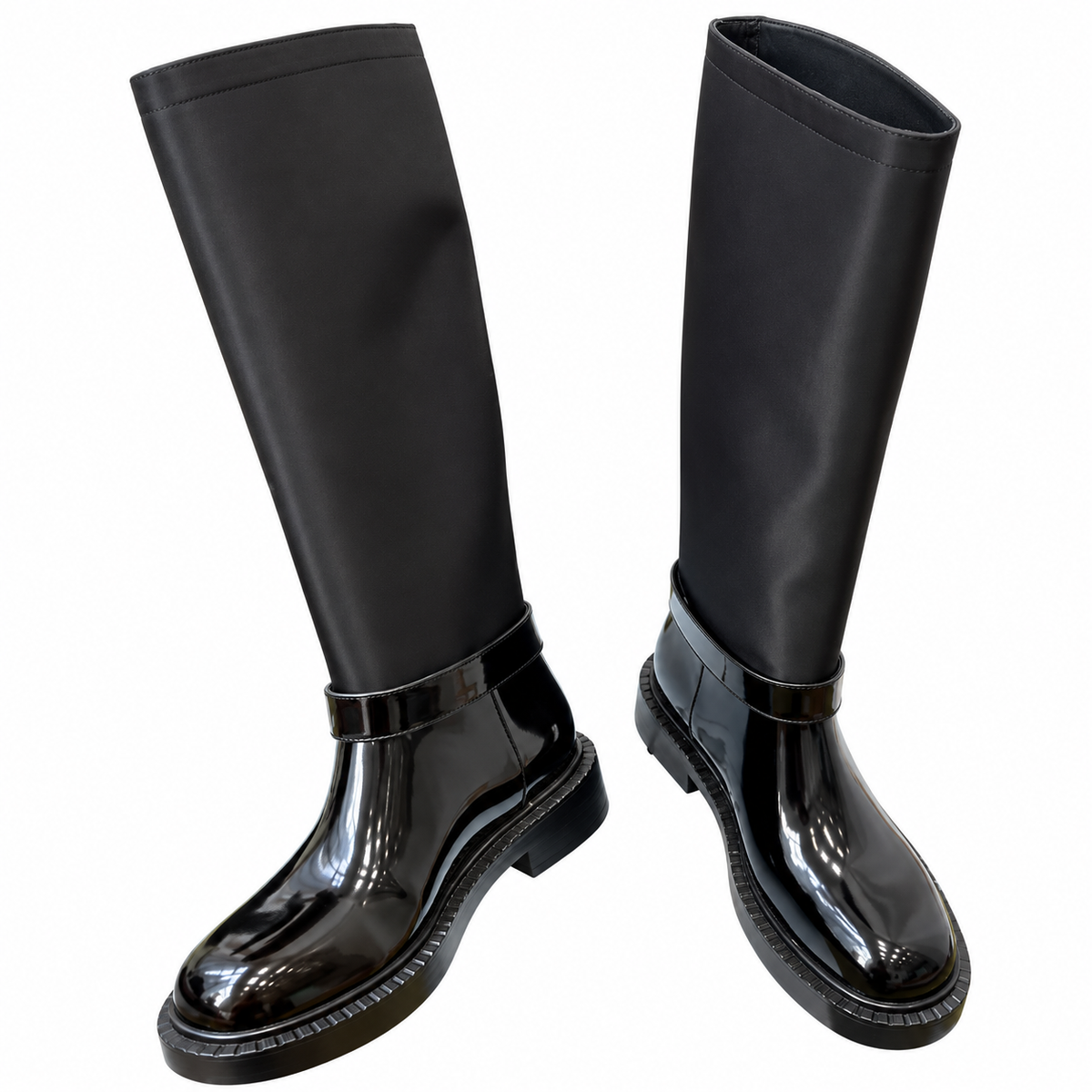Prada Black Glossy-Panel Buckled Tall Boots