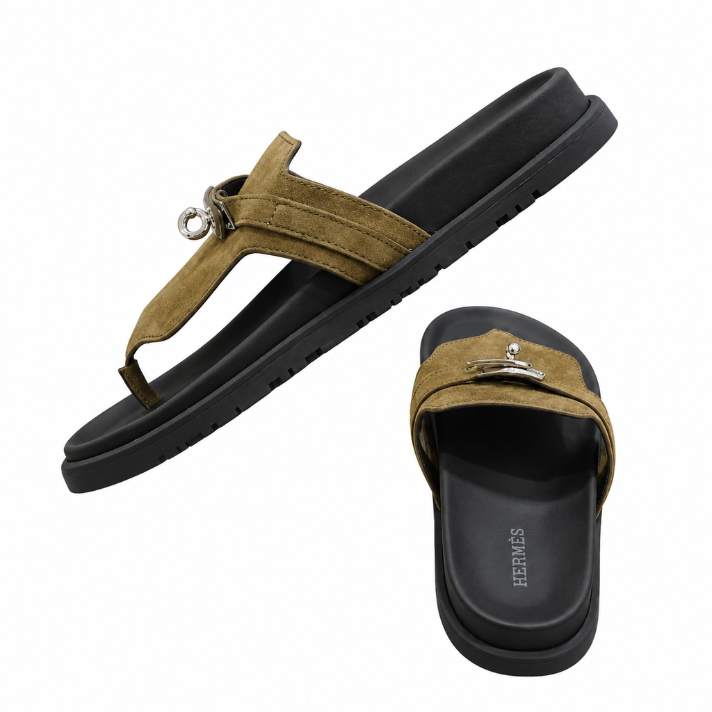 Hermès Olive Thong Sandals with Silver Buckle